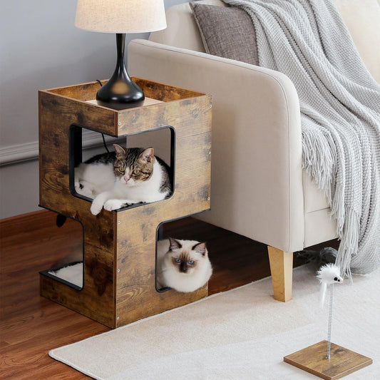 Stylish 23" Indoor Cat House Tower with Free Toy, Scratching Pad & Soft Mats - Modern Brown Cat Condo for Small Cats - FureverPawPrint