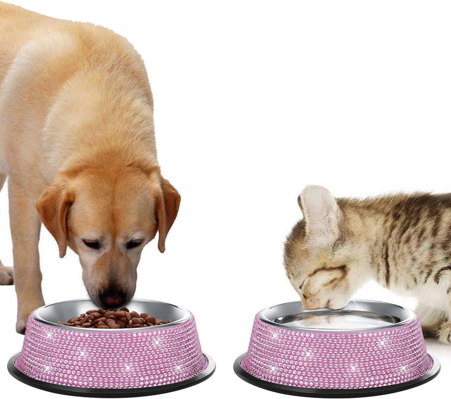 Bling Dog Bowls Pink, 640ML Handmade Bling Rhinestones Stainless Steel Pet Bowls Double Food Water Feeder for Puppy Cats Dogs - Set of 2 - FureverPawPrint