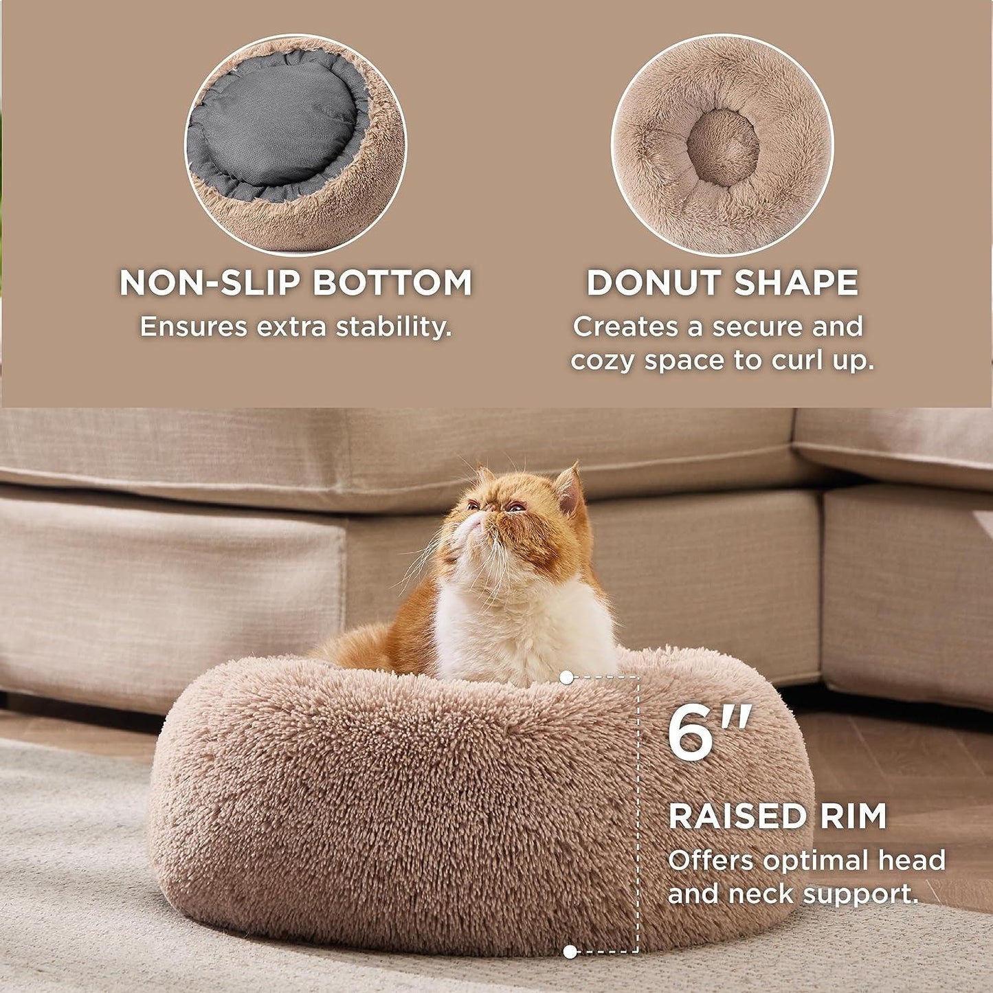 Calming Dog Beds for Small Medium Large Dogs - round Donut Washable Dog Bed, Anti-Slip Faux Fur Fluffy Donut Cuddler Anxiety Cat Bed, Fits up to 15-100 Lbs - FureverPawPrint