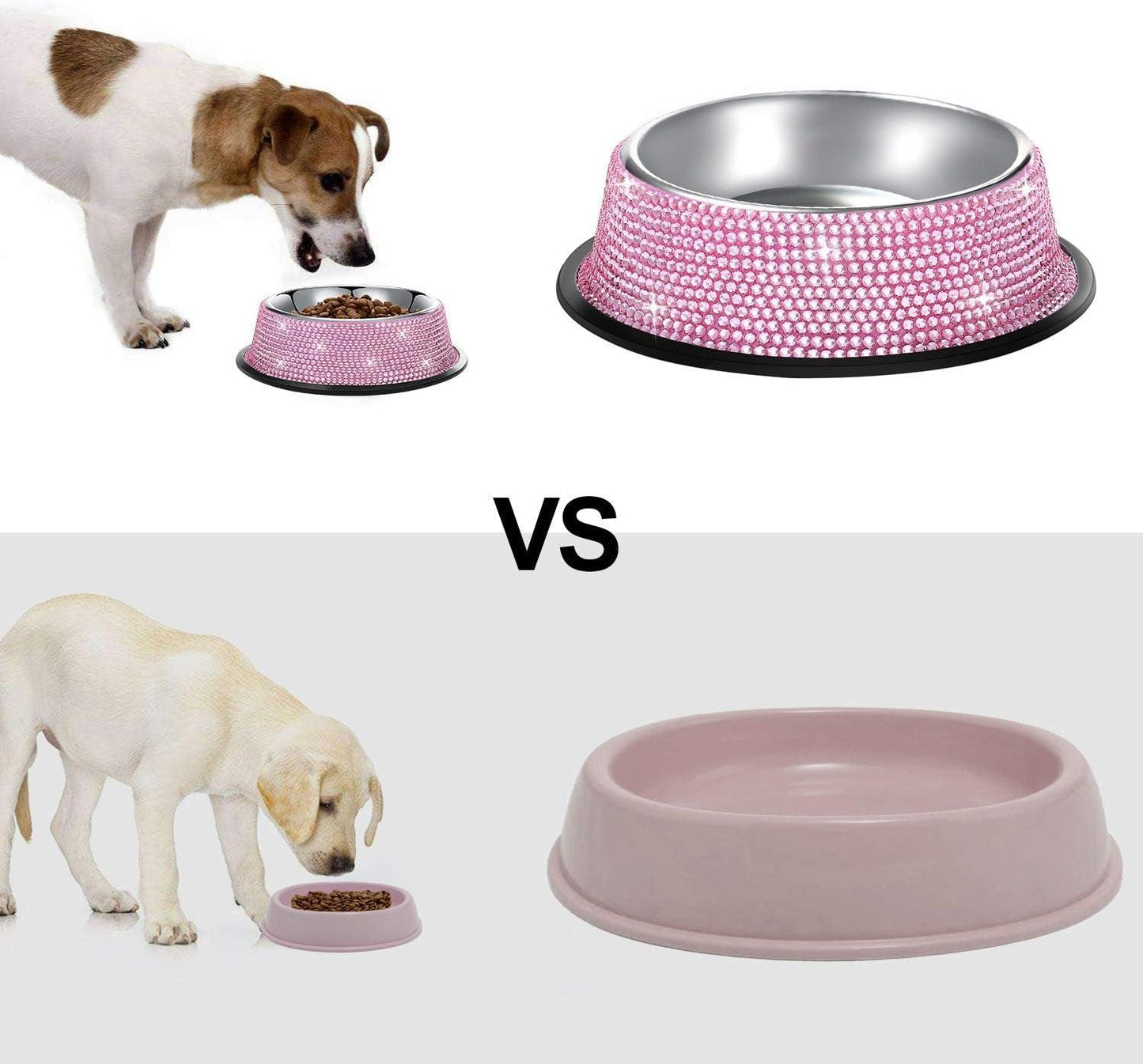 Bling Dog Bowls Pink, 640ML Handmade Bling Rhinestones Stainless Steel Pet Bowls Double Food Water Feeder for Puppy Cats Dogs - Set of 2 - FureverPawPrint