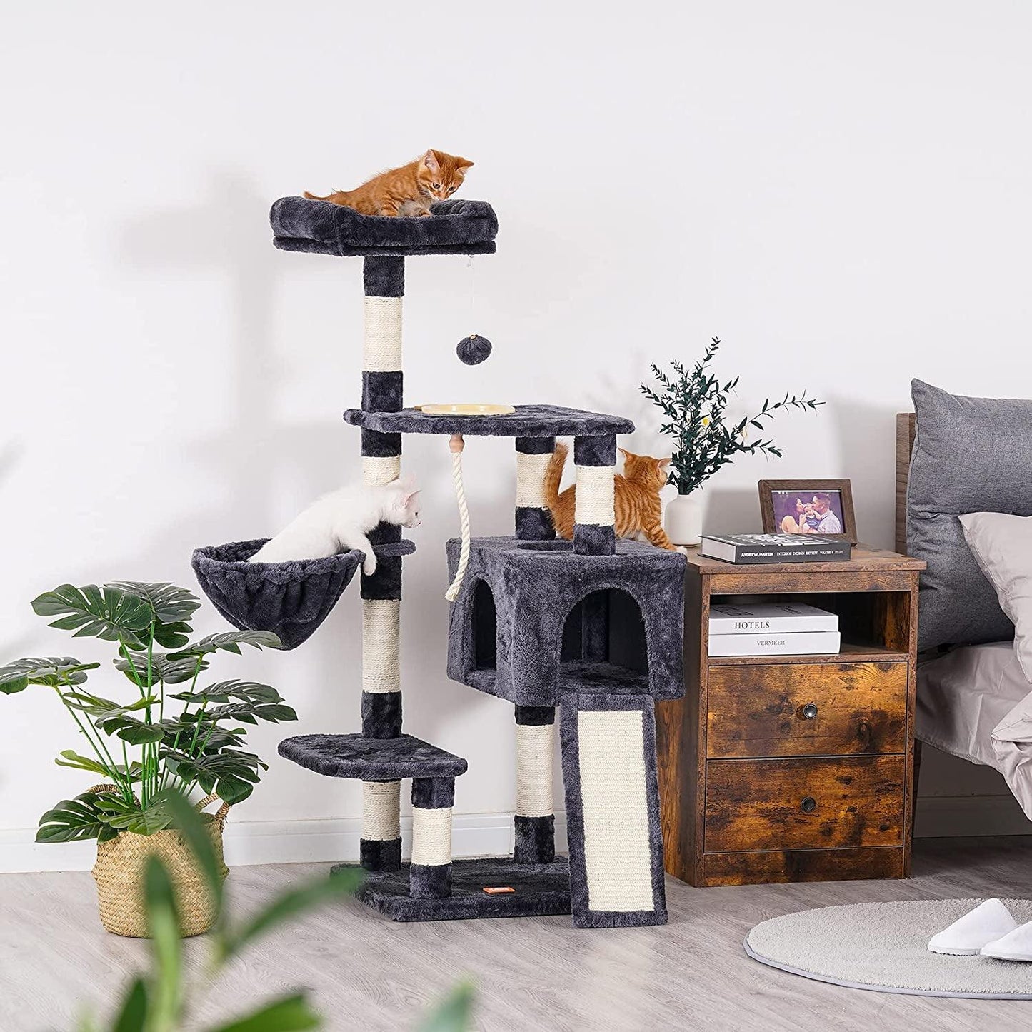 Cat Tree, Cat Tower for Indoor Cats with Scratching Board, Multi-Level Cat Furniture Condo with Feeding Bowl Smoky Gray HCT010G - FureverPawPrint