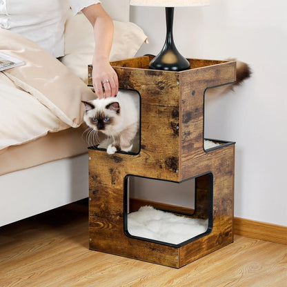 Stylish 23" Indoor Cat House Tower with Free Toy, Scratching Pad & Soft Mats - Modern Brown Cat Condo for Small Cats - FureverPawPrint