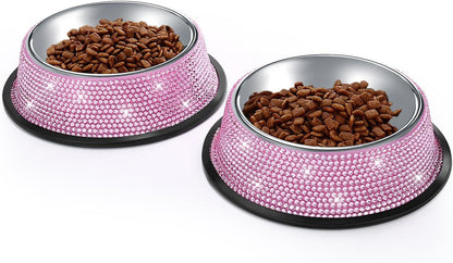 Bling Dog Bowls Pink, 640ML Handmade Bling Rhinestones Stainless Steel Pet Bowls Double Food Water Feeder for Puppy Cats Dogs - Set of 2 - FureverPawPrint