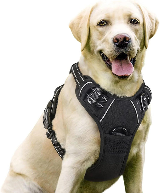 Dog Harness, No-Pull Pet Harness with 2 Leash Clips, Adjustable Soft Padded Dog Vest, Reflective Outdoor Pet Oxford Vest with Easy Control Handle for Large Dogs, Black - FureverPawPrint