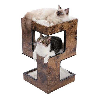 Stylish 23" Indoor Cat House Tower with Free Toy, Scratching Pad & Soft Mats - Modern Brown Cat Condo for Small Cats - FureverPawPrint