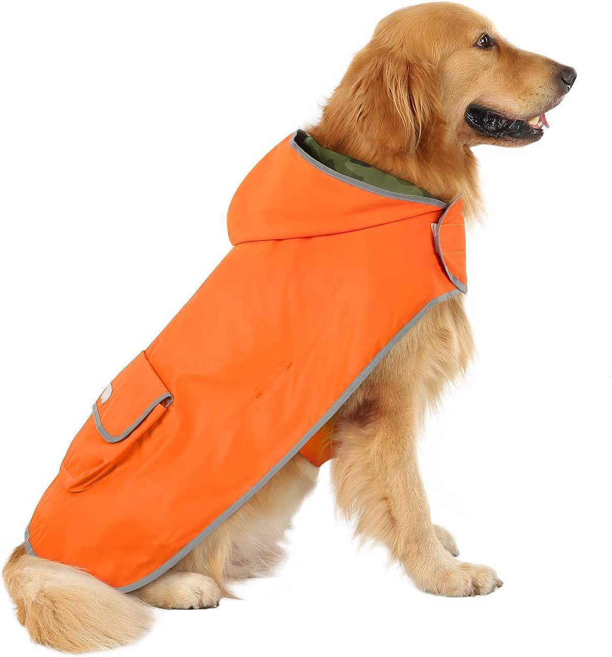 Reversible Dog Raincoat Hooded Slicker Poncho Rain Coat Jacket for Small Medium Large Dogs Camo Orange - L - FureverPawPrint