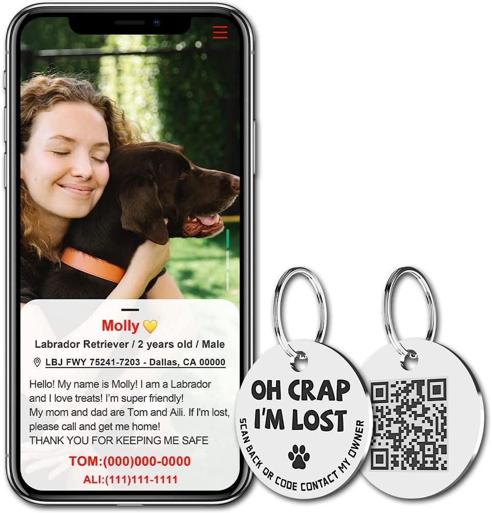 Stainless Steel QR Code Pet ID Tags Dog Tags - Pet Online Profile - Scan QR Receive Instant Pet Location Alert Email - FureverPawPrint