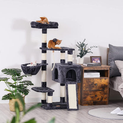 Cat Tree, Cat Tower for Indoor Cats with Scratching Board, Multi-Level Cat Furniture Condo with Feeding Bowl Smoky Gray HCT010G - FureverPawPrint