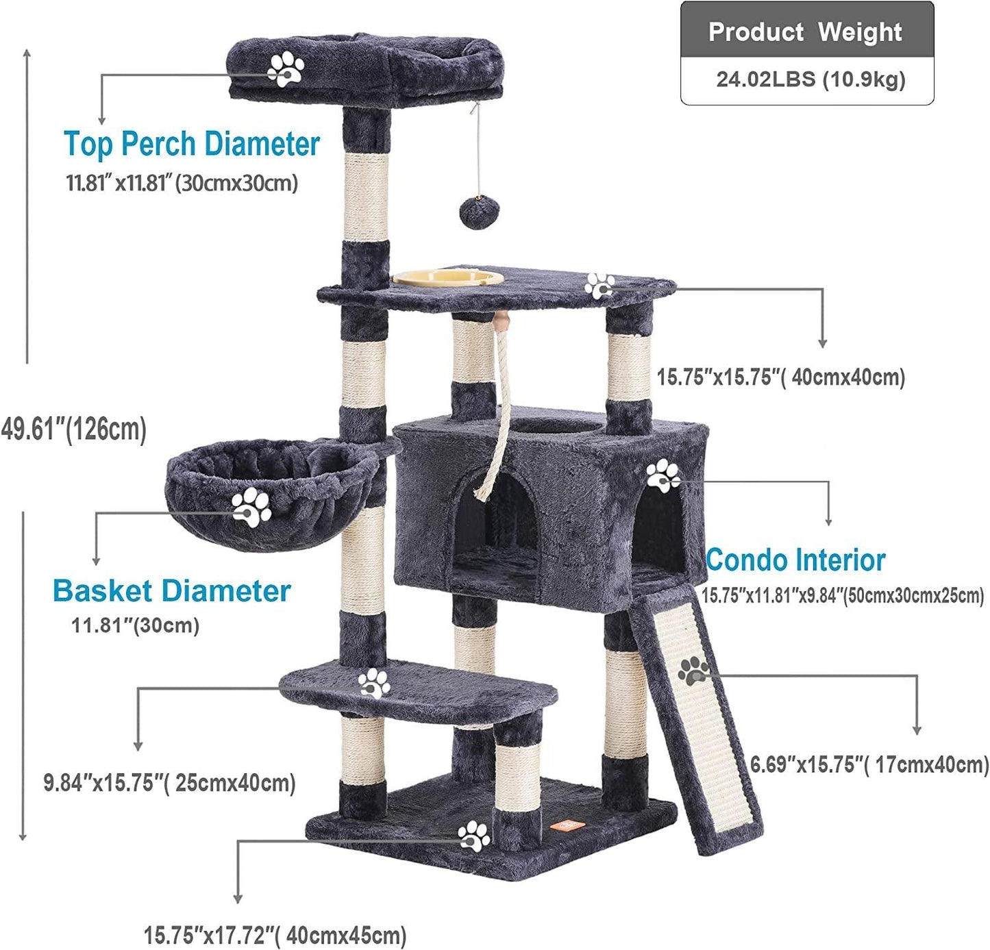 Cat Tree, Cat Tower for Indoor Cats with Scratching Board, Multi-Level Cat Furniture Condo with Feeding Bowl Smoky Gray HCT010G - FureverPawPrint