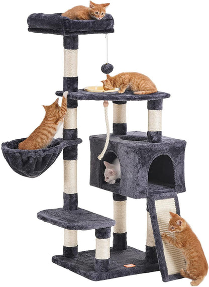 Cat Tree, Cat Tower for Indoor Cats with Scratching Board, Multi-Level Cat Furniture Condo with Feeding Bowl Smoky Gray HCT010G - FureverPawPrint