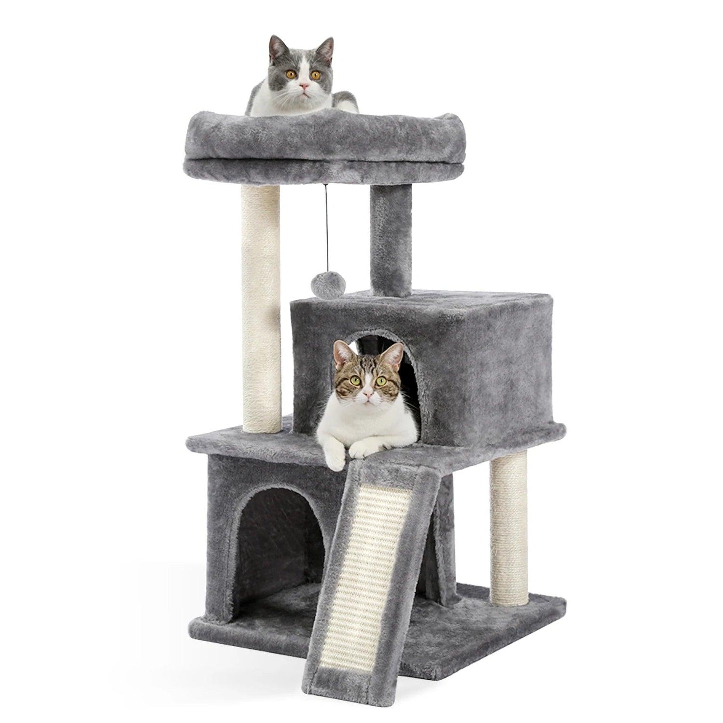 Cat Tree Luxury Cat Towers with Double Condos Spacious Perch Cat Hammock Fully Wrapped Scratching Sisal Post and Dangling Balls - FureverPawPrint