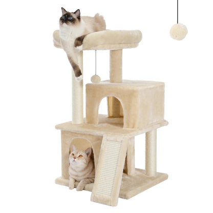 Cat Tree Luxury Cat Towers with Double Condos Spacious Perch Cat Hammock Fully Wrapped Scratching Sisal Post and Dangling Balls - FureverPawPrint