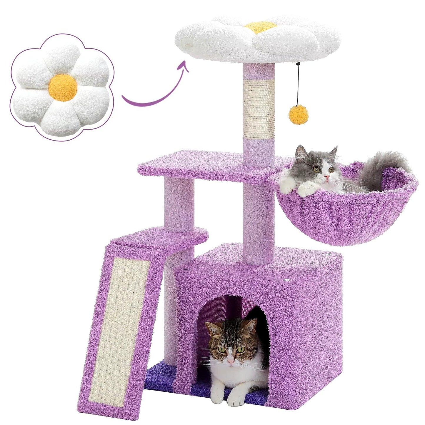 Cat Tree Luxury Cat Towers with Double Condos Spacious Perch Cat Hammock Fully Wrapped Scratching Sisal Post and Dangling Balls - FureverPawPrint