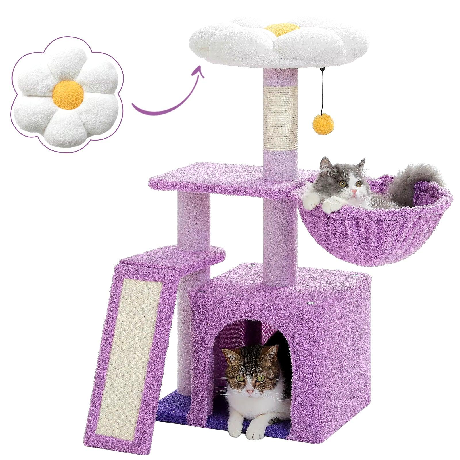 Cat Tree Luxury Cat Towers with Double Condos Spacious Perch Cat Hammock Fully Wrapped Scratching Sisal Post and Dangling Balls - FureverPawPrint