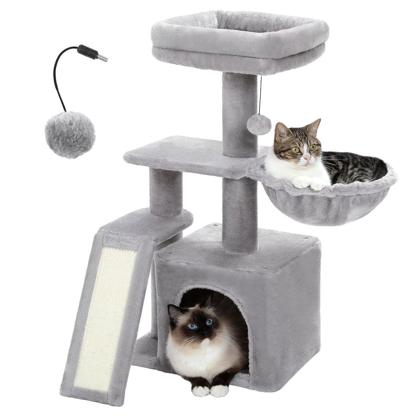 Cat Tree Luxury Cat Towers with Double Condos Spacious Perch Cat Hammock Fully Wrapped Scratching Sisal Post and Dangling Balls - FureverPawPrint