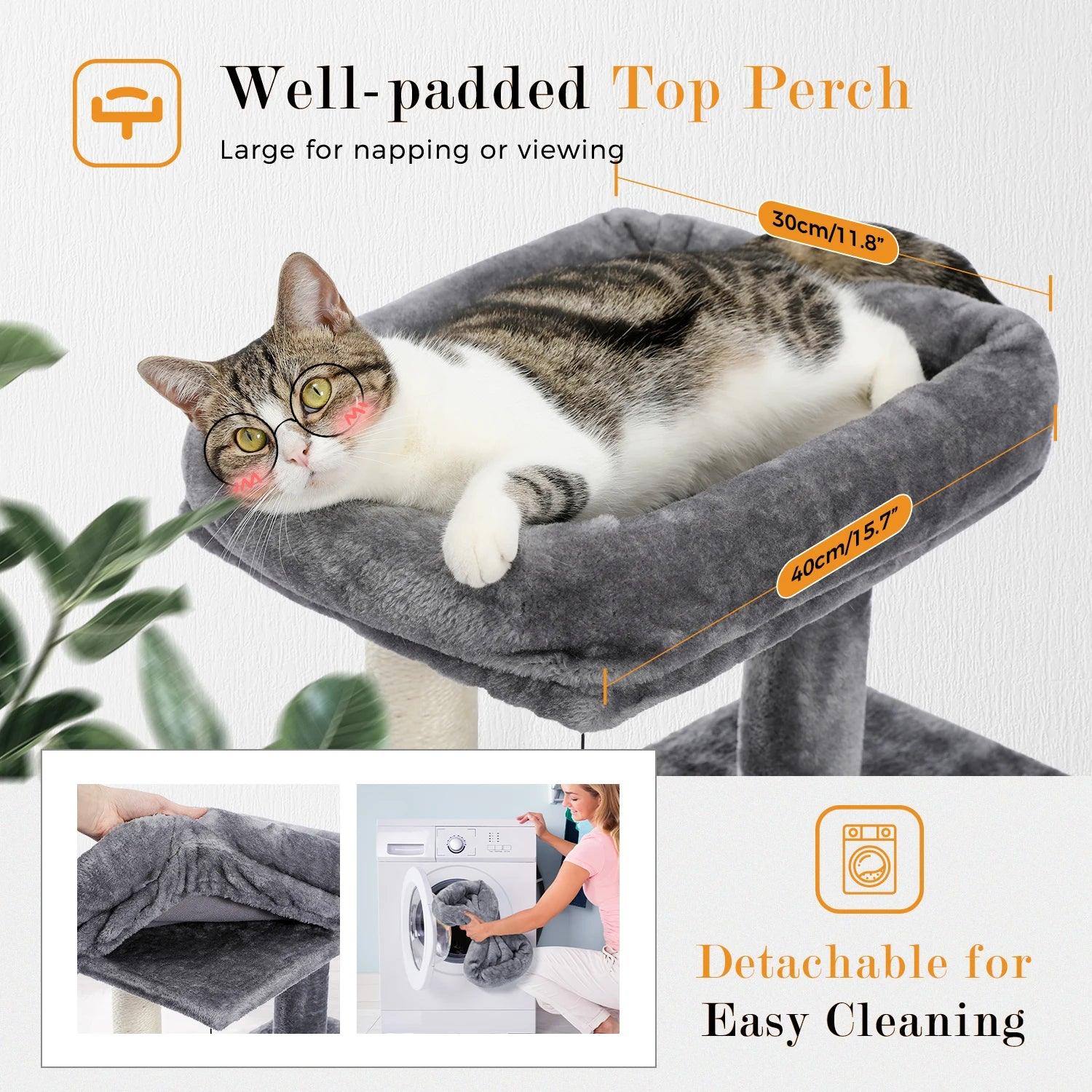 Cat Tree Luxury Cat Towers with Double Condos Spacious Perch Cat Hammock Fully Wrapped Scratching Sisal Post and Dangling Balls - FureverPawPrint