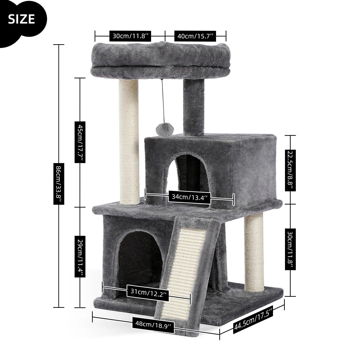 Cat Tree Luxury Cat Towers with Double Condos Spacious Perch Cat Hammock Fully Wrapped Scratching Sisal Post and Dangling Balls - FureverPawPrint