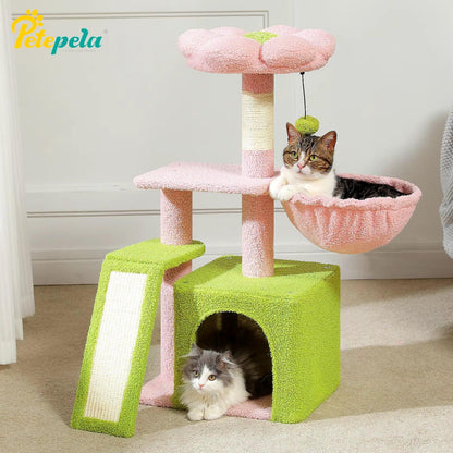 Cat Tree Luxury Cat Towers with Double Condos Spacious Perch Cat Hammock Fully Wrapped Scratching Sisal Post and Dangling Balls - FureverPawPrint