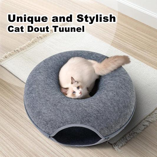 Large Cat Cave with 3 Toys Scratch Resistant Tunnel Bed up to 30 Lbs Dark Grey (24X24X11) - FureverPawPrint