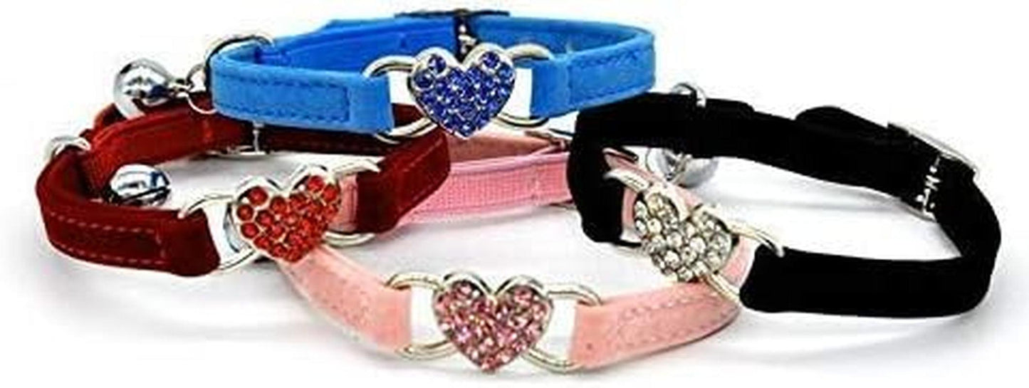 Adorable Pink Velvet Cat Collar with Crystal Heart Charm & Bells - Adjustable 8-11 Inches (Black, Red, Pink, Blue) - FureverPawPrint