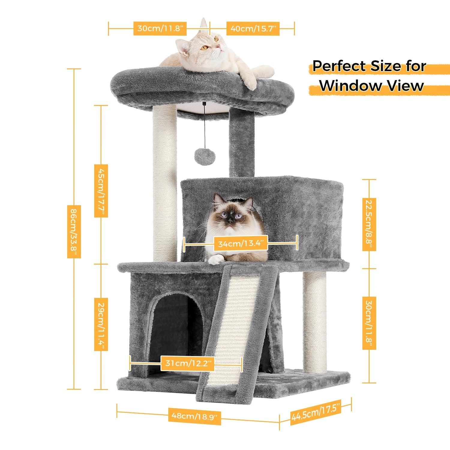 Cat Tree Luxury Cat Towers with Double Condos Spacious Perch Cat Hammock Fully Wrapped Scratching Sisal Post and Dangling Balls - FureverPawPrint