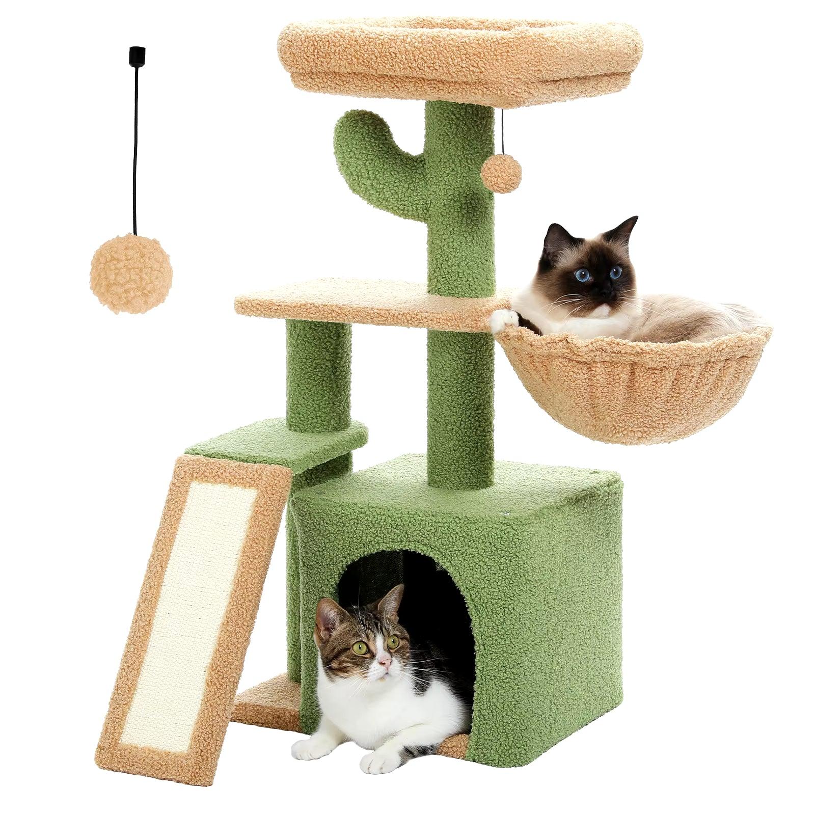 Cat Tree Luxury Cat Towers with Double Condos Spacious Perch Cat Hammock Fully Wrapped Scratching Sisal Post and Dangling Balls - FureverPawPrint