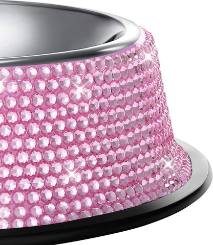 Bling Dog Bowls Pink, 640ML Handmade Bling Rhinestones Stainless Steel Pet Bowls Double Food Water Feeder for Puppy Cats Dogs - Set of 2 - FureverPawPrint