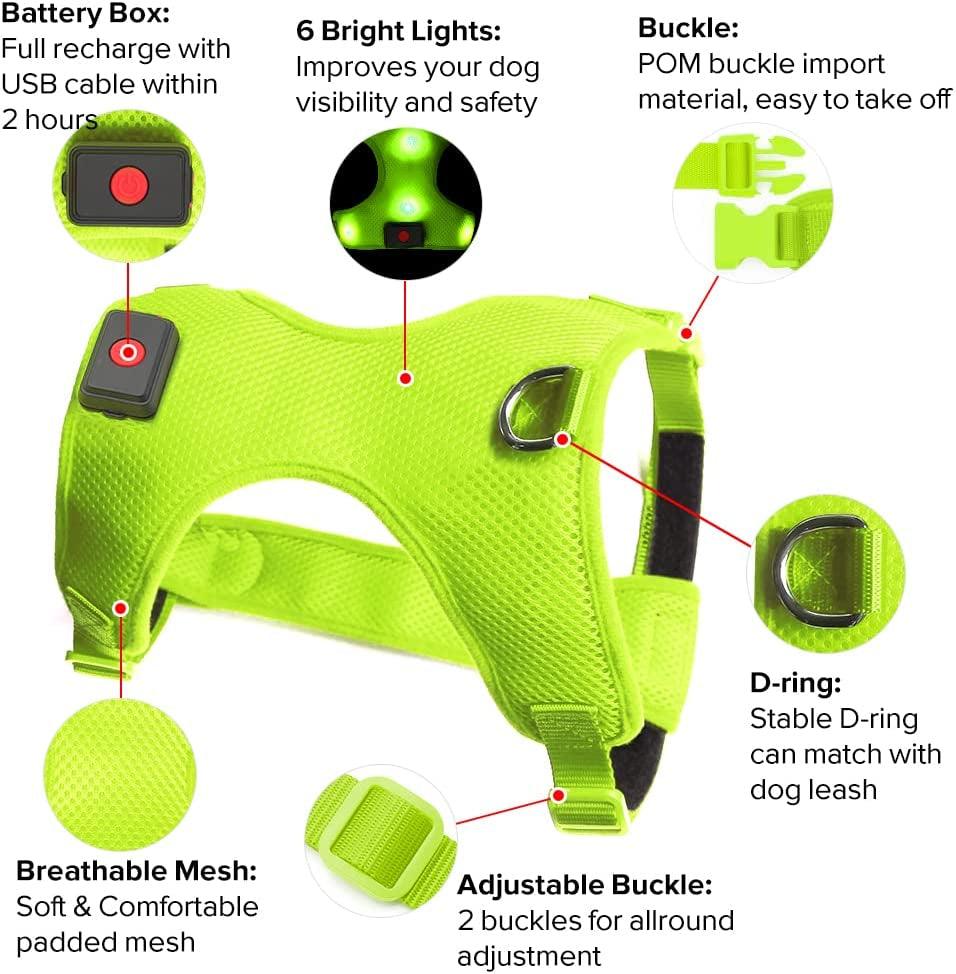 LED Dog Harness, Lighted up USB Rechargeable Pet Harness, Illuminated Reflective Glowing Dog Vest Adjustable Soft Padded No-Pull Suit for Small, Medium, Large Dogs (Green, S) - FureverPawPrint