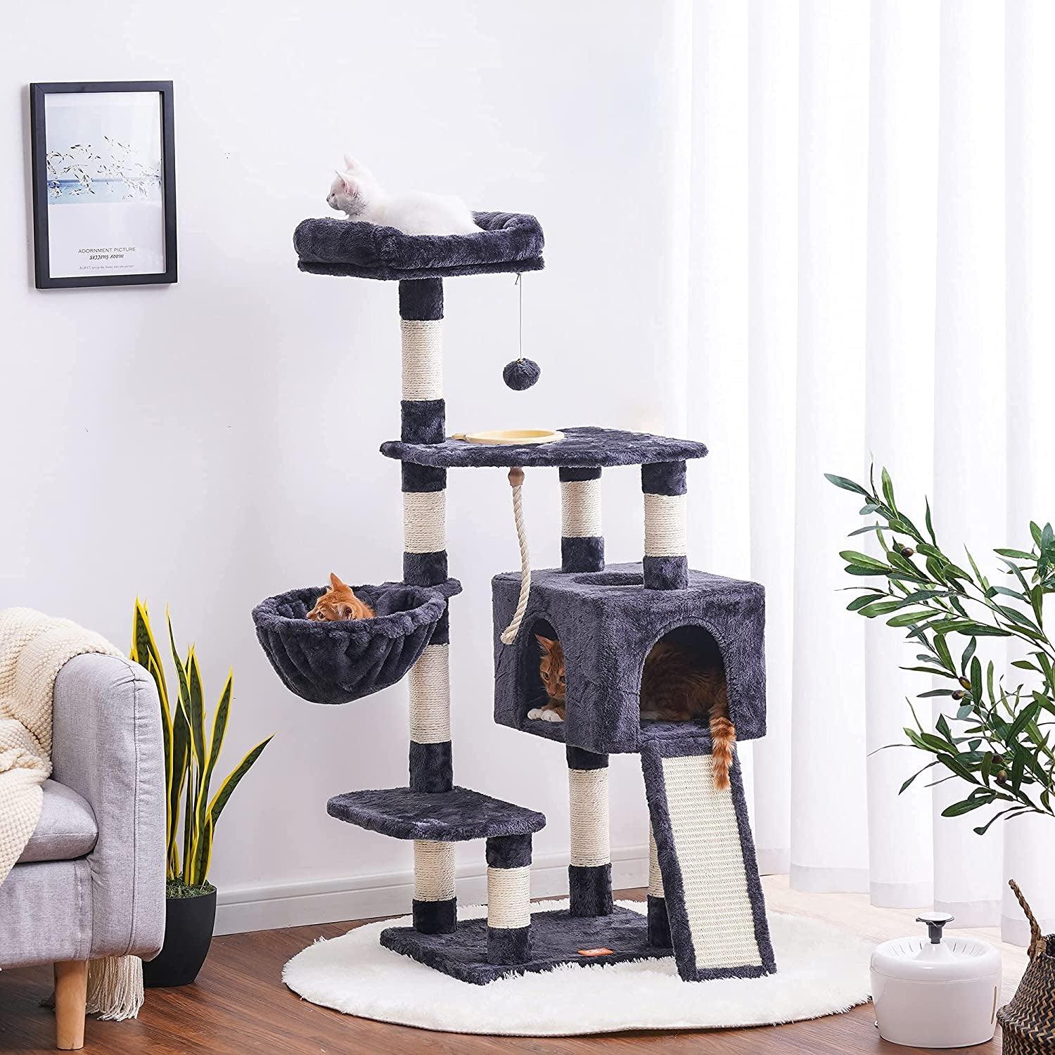 Cat Tree, Cat Tower for Indoor Cats with Scratching Board, Multi-Level Cat Furniture Condo with Feeding Bowl Smoky Gray HCT010G - FureverPawPrint