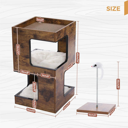 Stylish 23" Indoor Cat House Tower with Free Toy, Scratching Pad & Soft Mats - Modern Brown Cat Condo for Small Cats - FureverPawPrint