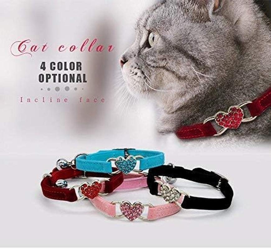 Adorable Pink Velvet Cat Collar with Crystal Heart Charm & Bells - Adjustable 8-11 Inches (Black, Red, Pink, Blue) - FureverPawPrint