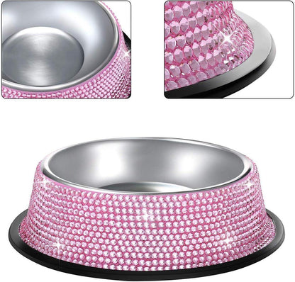 Bling Dog Bowls Pink, 640ML Handmade Bling Rhinestones Stainless Steel Pet Bowls Double Food Water Feeder for Puppy Cats Dogs - Set of 2 - FureverPawPrint