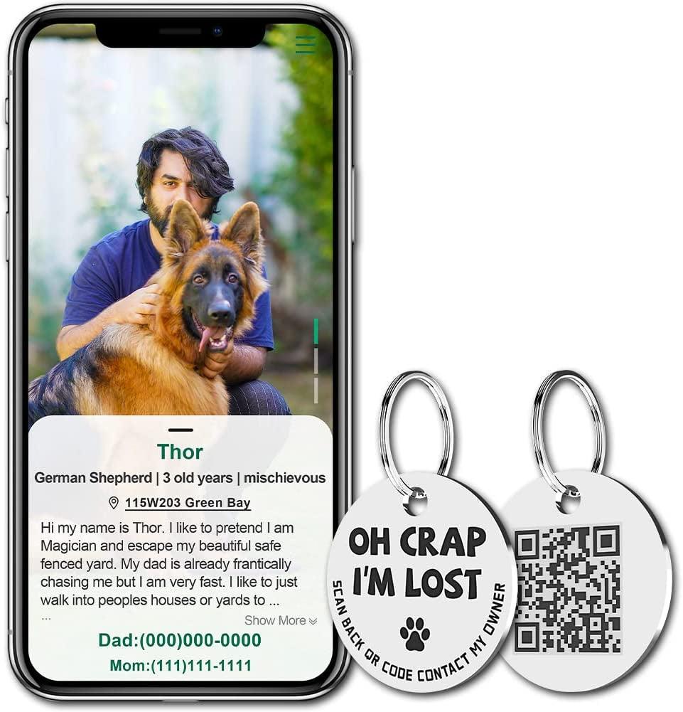 Stainless Steel QR Code Pet ID Tags Dog Tags - Pet Online Profile - Scan QR Receive Instant Pet Location Alert Email - FureverPawPrint