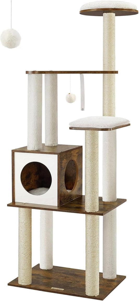 Woodywonders Cat Tree, 65-Inch Modern Cat Tower for Indoor Cats, Multi-Level Cat Condo with 5 Scratching Posts, Perch, Washable Removable Cushions, Cat Furniture, Rustic Brown UPCT166X01 - FureverPawPrint