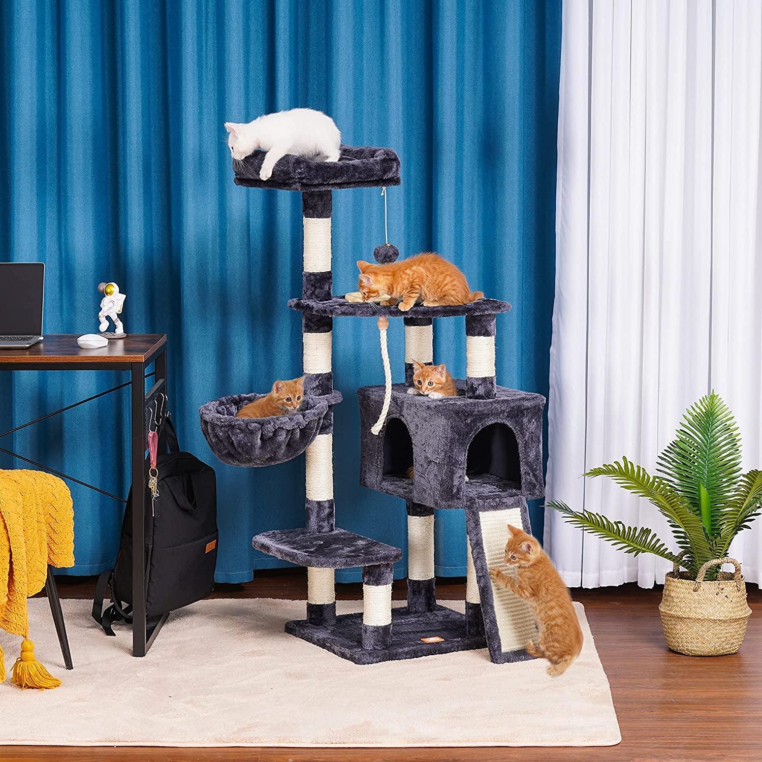 Cat Tree, Cat Tower for Indoor Cats with Scratching Board, Multi-Level Cat Furniture Condo with Feeding Bowl Smoky Gray HCT010G - FureverPawPrint