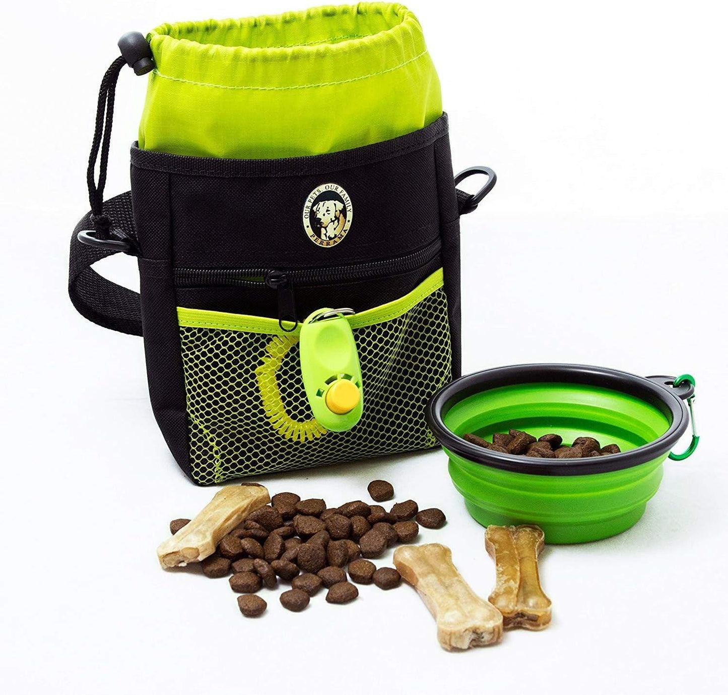 Dog Treat Bag, Training Pouch for Small and Large Dogs with Clicker and Collapsible Food Bowl BPA Free – Pet Treats Tote Bag with Waist and Shoulder Reflective Straps and Belt Clip - FureverPawPrint