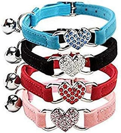 Adorable Pink Velvet Cat Collar with Crystal Heart Charm & Bells - Adjustable 8-11 Inches (Black, Red, Pink, Blue) - FureverPawPrint