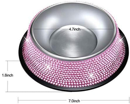 Bling Dog Bowls Pink, 640ML Handmade Bling Rhinestones Stainless Steel Pet Bowls Double Food Water Feeder for Puppy Cats Dogs - Set of 2 - FureverPawPrint