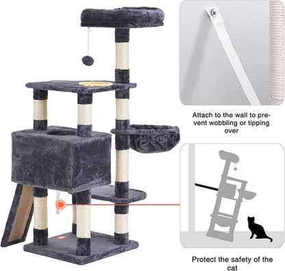 Cat Tree, Cat Tower for Indoor Cats with Scratching Board, Multi-Level Cat Furniture Condo with Feeding Bowl Smoky Gray HCT010G - FureverPawPrint