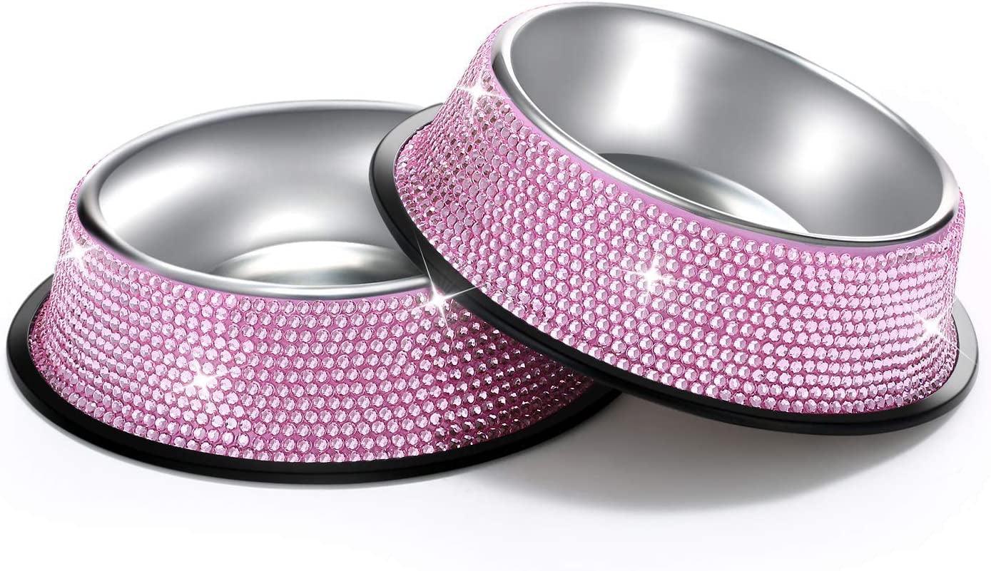 Bling Dog Bowls Pink, 640ML Handmade Bling Rhinestones Stainless Steel Pet Bowls Double Food Water Feeder for Puppy Cats Dogs - Set of 2 - FureverPawPrint