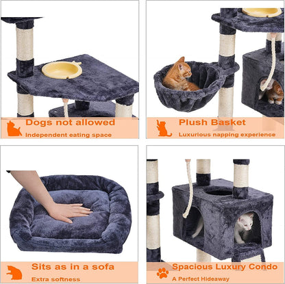 Cat Tree, Cat Tower for Indoor Cats with Scratching Board, Multi-Level Cat Furniture Condo with Feeding Bowl Smoky Gray HCT010G - FureverPawPrint