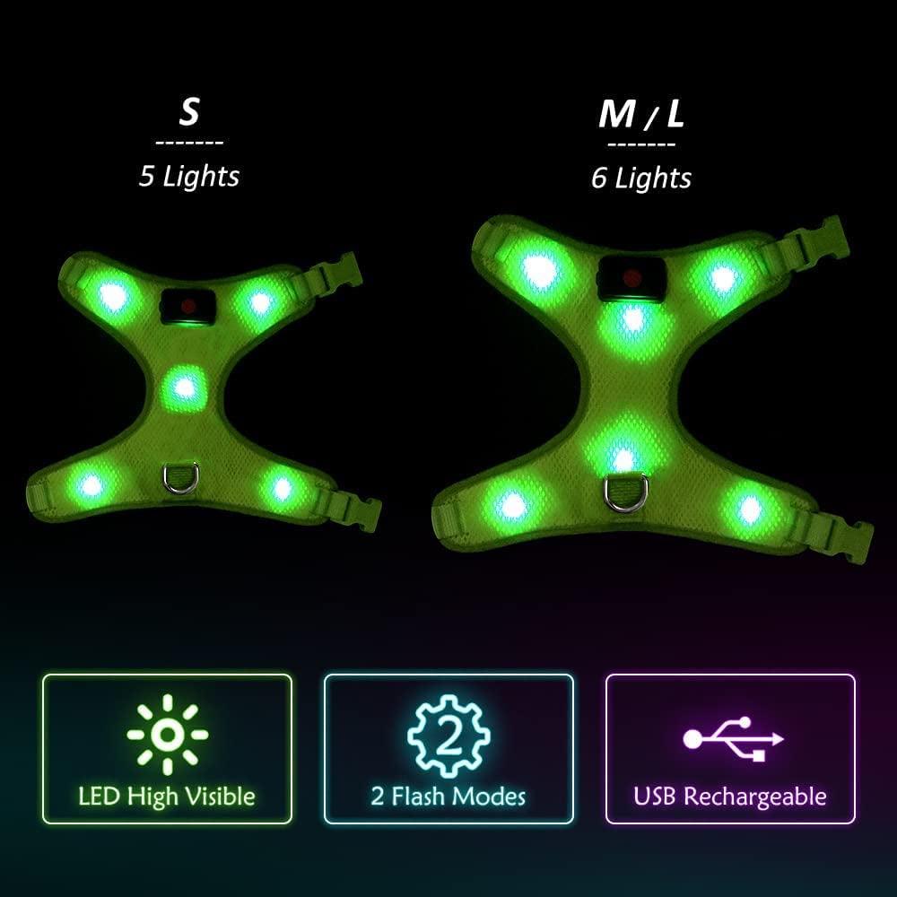 LED Dog Harness, Lighted up USB Rechargeable Pet Harness, Illuminated Reflective Glowing Dog Vest Adjustable Soft Padded No-Pull Suit for Small, Medium, Large Dogs (Green, S) - FureverPawPrint