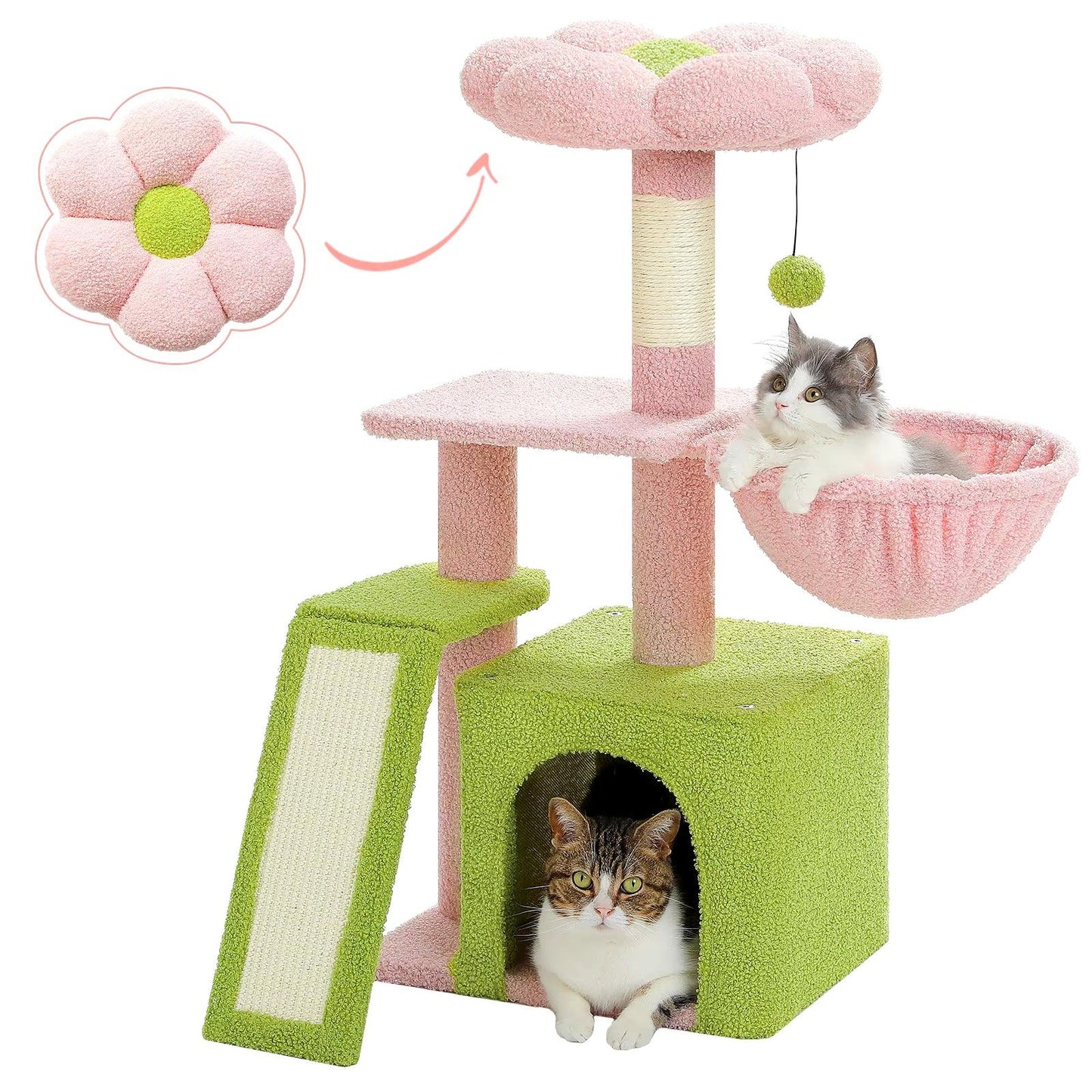 Cat Tree Luxury Cat Towers with Double Condos Spacious Perch Cat Hammock Fully Wrapped Scratching Sisal Post and Dangling Balls - FureverPawPrint