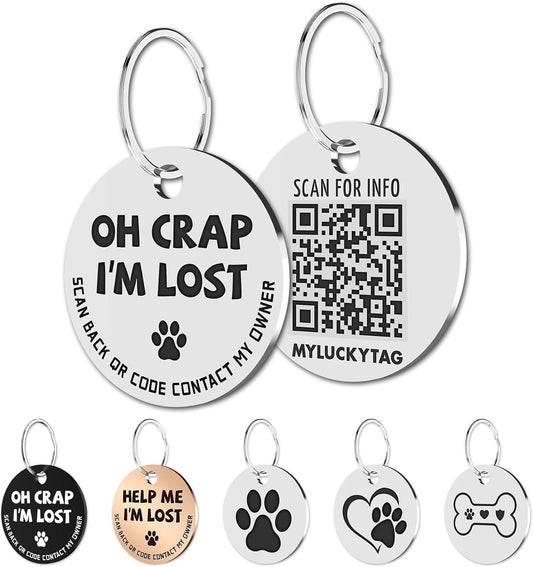 Stainless Steel QR Code Pet ID Tags Dog Tags - Pet Online Profile - Scan QR Receive Instant Pet Location Alert Email - FureverPawPrint