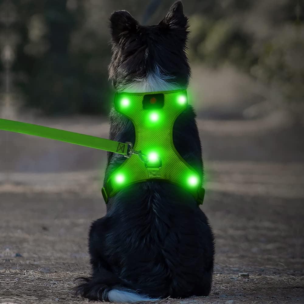 LED Dog Harness, Lighted up USB Rechargeable Pet Harness, Illuminated Reflective Glowing Dog Vest Adjustable Soft Padded No-Pull Suit for Small, Medium, Large Dogs (Green, S) - FureverPawPrint