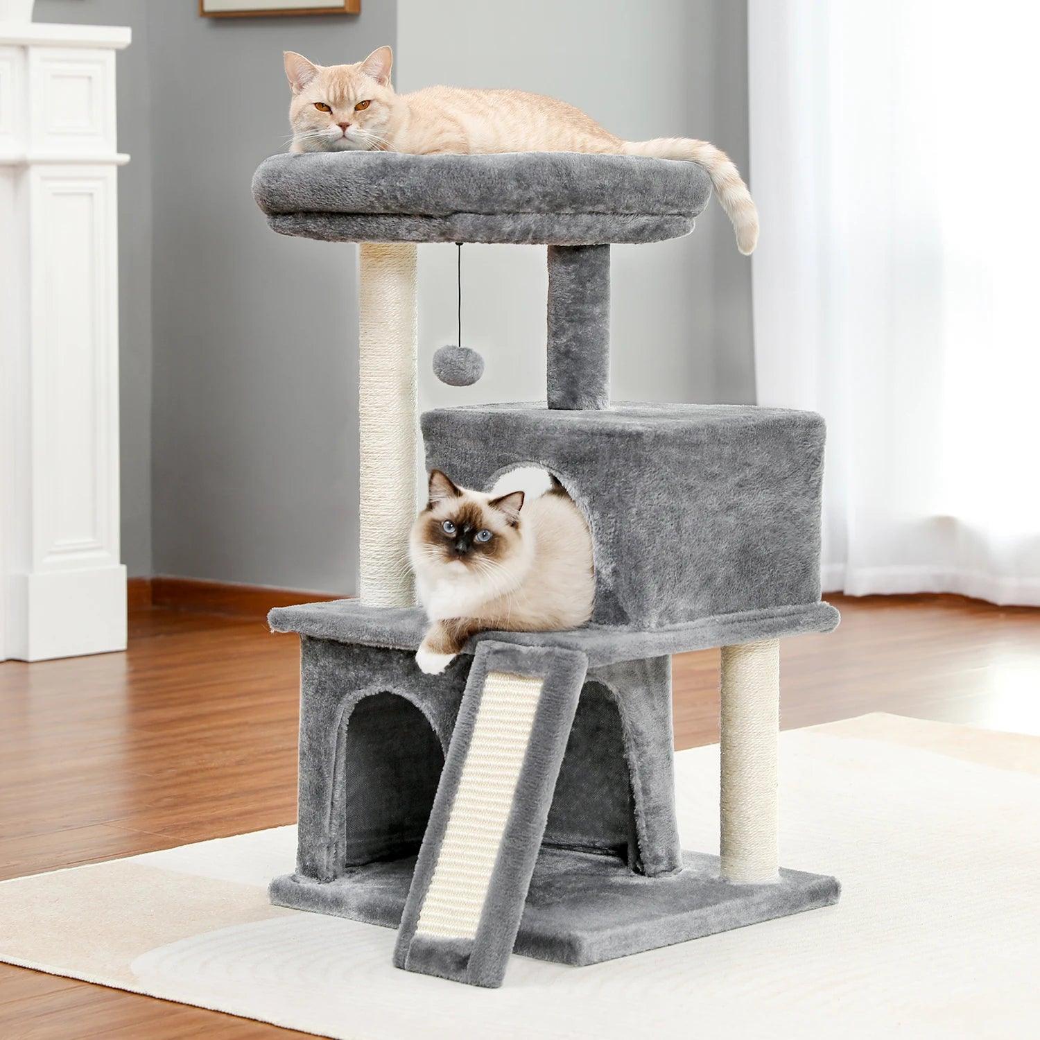 Cat Tree Luxury Cat Towers with Double Condos Spacious Perch Cat Hammock Fully Wrapped Scratching Sisal Post and Dangling Balls - FureverPawPrint